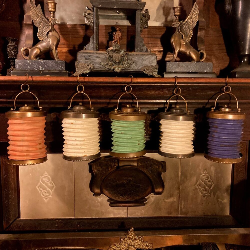 Antique Lanterns Five Chinese Asian Metal Collapsible Foldable Cloth Lanterns